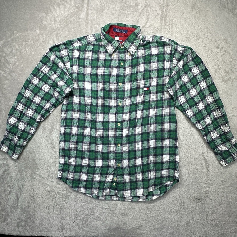 Tommy Hilfiger Shirt Mens Medium Green White Check Custom Fit Button Down Top